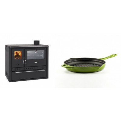 Set Küchenofen / Küchenhexe Wasserführend Prity GT W10, mit Edelstahl-Backofen, Stahlhobel und Schublade, 13.3 kW + Emaillierte grillpfanne Gusseisen Solagio, Bamboo, Ф24cm - Kaminofen - Holzofen mit Backfach