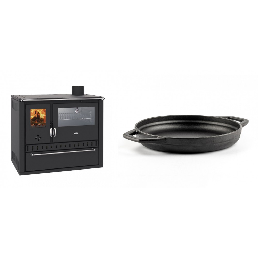 Set Küchenofen / Küchenhexe Wasserführend Prity GT W10, mit Edelstahl-Backofen, Stahlhobel und Schublade, 13.3 kW + Emaillierte gusseisenpfanne mit zwei Griffen Solagio, Black Onyx, Ф22cm | Kaminofen - Holzofen mit Backfach | Kaminofen |