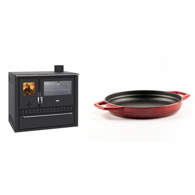 Set Küchenofen / Küchenhexe Wasserführend Prity GT W10, mit Edelstahl-Backofen, Stahlhobel und Schublade, 13.3 kW + Emaillierte gusseisenpfanne mit zwei Griffen Solagio, Rubin, Ф22cm - Kaminofen - Holzofen mit Backfach
