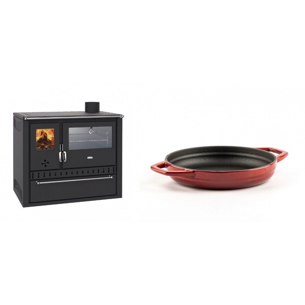 Set Küchenofen / Küchenhexe Wasserführend Prity GT W10, mit Edelstahl-Backofen, Stahlhobel und Schublade, 13.3 kW + Emaillierte gusseisenpfanne mit zwei Griffen Solagio, Rubin, Ф19cm | Kaminofen - Holzofen mit Backfach | Kaminofen |