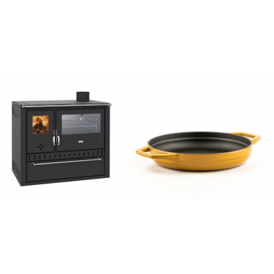 Set Küchenofen / Küchenhexe Wasserführend Prity GT W10, mit Edelstahl-Backofen, Stahlhobel und Schublade, 13.3 kW + Emaillierte gusseisenpfanne mit zwei Griffen Solagio, Dijon, Ф19cm - Kaminofen - Holzofen mit Backfach