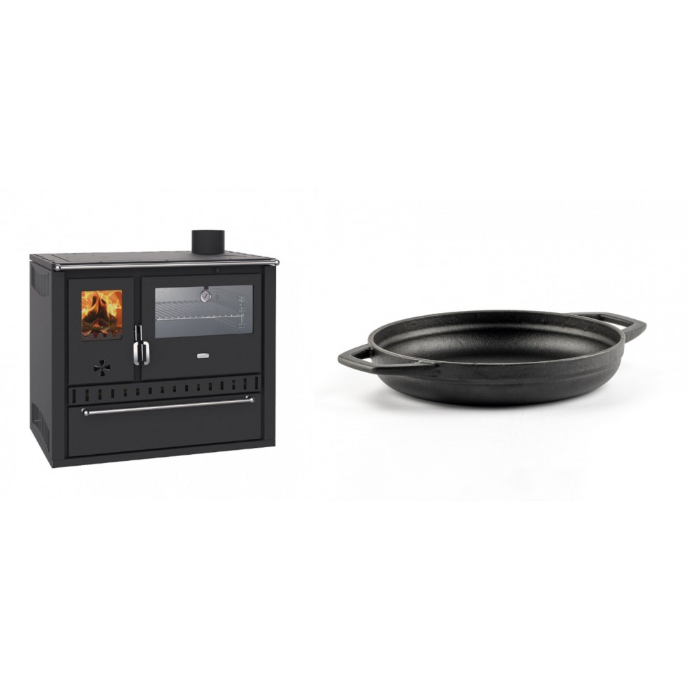 Set Küchenofen / Küchenhexe Wasserführend Prity GT W10, mit Edelstahl-Backofen, Stahlhobel und Schublade, 13.3 kW + Emaillierte gusseisenpfanne mit zwei Griffen Solagio, Black Onyx, Ф19cm | Kaminofen - Holzofen mit Backfach | Kaminofen |