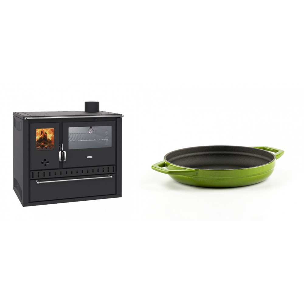 Set Küchenofen / Küchenhexe Wasserführend Prity GT W10, mit Edelstahl-Backofen, Stahlhobel und Schublade, 13.3 kW + Emaillierte gusseisenpfanne mit zwei Griffen Solagio, Bamboo, Ф19cm