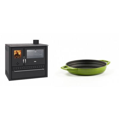 Set Küchenofen / Küchenhexe Wasserführend Prity GT W10, mit Edelstahl-Backofen, Stahlhobel und Schublade, 13.3 kW + Emaillierte gusseisenpfanne mit zwei Griffen Solagio, Bamboo, Ф16cm - Kaminofen - Holzofen mit Backfach
