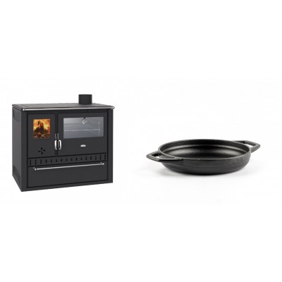 Set Küchenofen / Küchenhexe Wasserführend Prity GT W10, mit Edelstahl-Backofen, Stahlhobel und Schublade, 13.3 kW + Emaillierte gusseisenpfanne mit zwei Griffen Solagio, Black Onyx, Ф16cm - Kaminofen - Holzofen mit Backfach