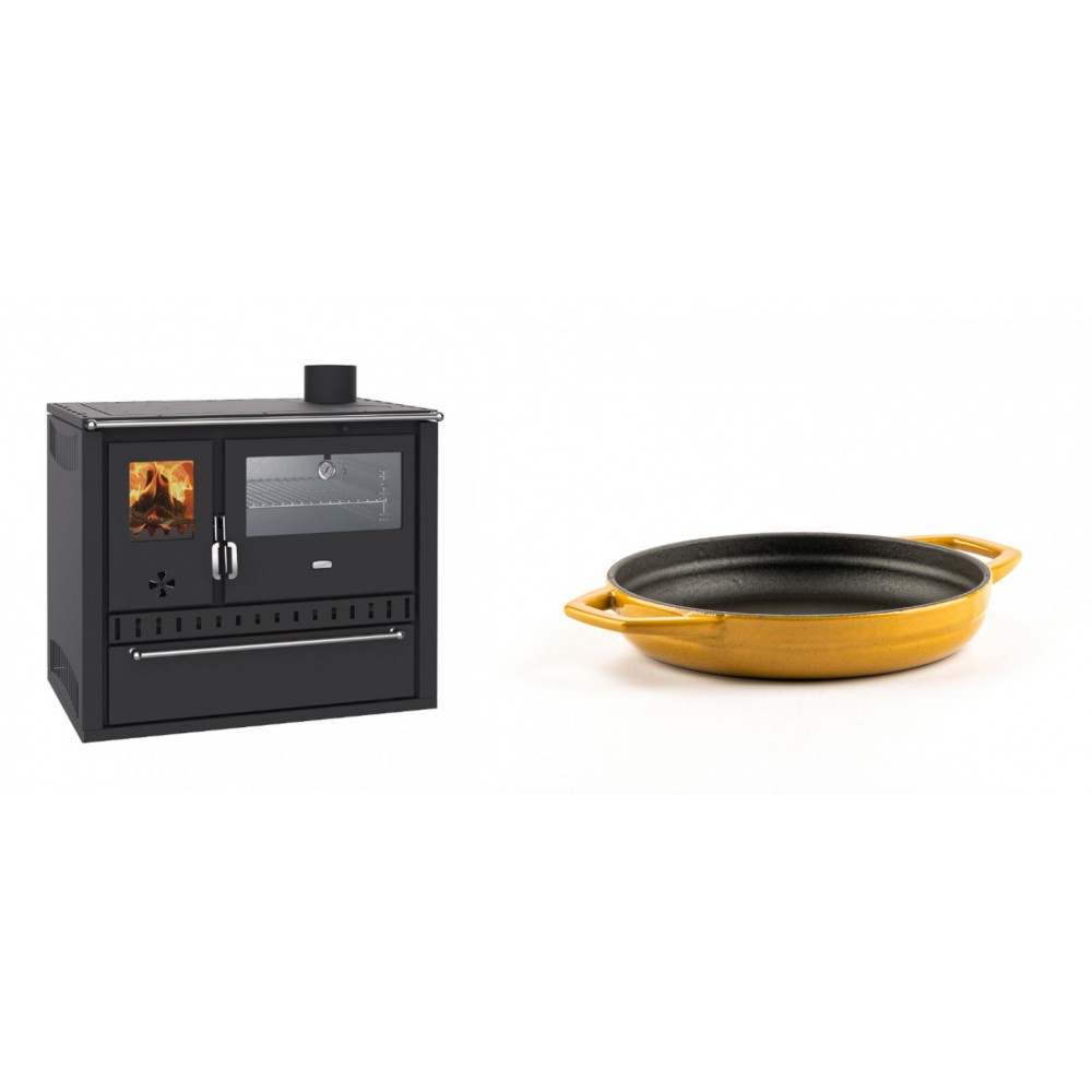Set Küchenofen / Küchenhexe Wasserführend Prity GT W10, mit Edelstahl-Backofen, Stahlhobel und Schublade, 13.3 kW + Emaillierte gusseisenpfanne mit zwei Griffen Solagio, Dijon, Ф16cm