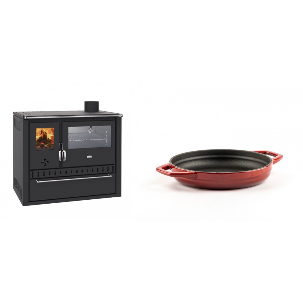 Set Küchenofen / Küchenhexe Wasserführend Prity GT W10, mit Edelstahl-Backofen, Stahlhobel und Schublade, 13.3 kW + Emaillierte gusseisenpfanne mit zwei Griffen Solagio, Rubin, Ф16cm | Kaminofen - Holzofen mit Backfach | Kaminofen |
