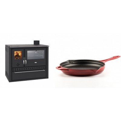 Set Küchenofen / Küchenhexe Wasserführend Prity GT W10, mit Edelstahl-Backofen, Stahlhobel und Schublade, 13.3 kW + Emaillierte Gusseisenpfanne Solagio, Rubin, Ф28cm - Kaminofen - Holzofen mit Backfach