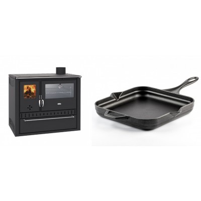 Set Küchenofen / Küchenhexe Wasserführend Prity GT W10, mit Edelstahl-Backofen, Stahlhobel und Schublade, 13.3 kW + Emaillierte Gusseisenpfanne Solagio, Black Onyx, 28x28cm - Kaminofen - Holzofen mit Backfach