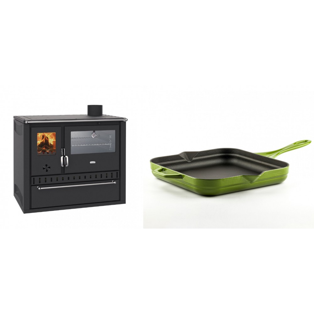 Set Küchenofen / Küchenhexe Wasserführend Prity GT W10, mit Edelstahl-Backofen, Stahlhobel und Schublade, 13.3 kW + Emaillierte Gusseisenpfanne Solagio, Bamboo, 28x28cm | Kaminofen - Holzofen mit Backfach | Kaminofen |