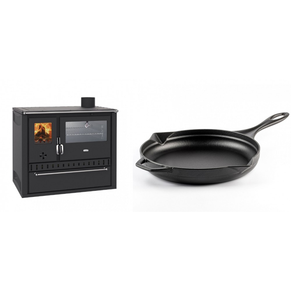 Set Küchenofen / Küchenhexe Wasserführend Prity GT W10, mit Edelstahl-Backofen, Stahlhobel und Schublade, 13.3 kW + Emaillierte Gusseisenpfanne Solagio, Black Onyx, Ф28cm | Kaminofen - Holzofen mit Backfach | Kaminofen |