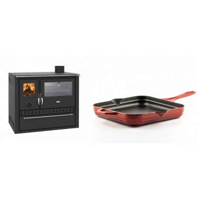 Set Küchenofen / Küchenhexe Wasserführend Prity GT W10, mit Edelstahl-Backofen, Stahlhobel und Schublade, 13.3 kW + Emaillierte Gusseisenpfanne Solagio, Rubin, 28x28cm - Kaminofen - Holzofen mit Backfach