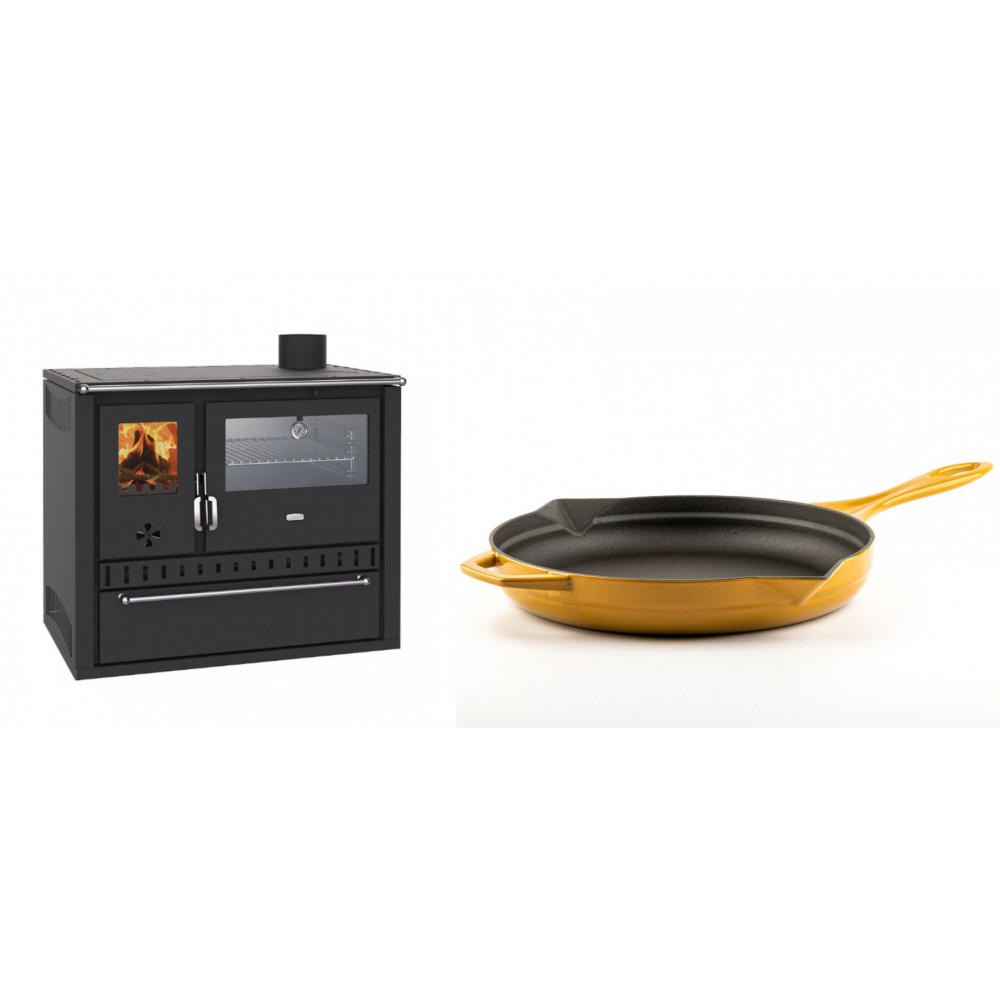 Set Küchenofen / Küchenhexe Wasserführend Prity GT W10, mit Edelstahl-Backofen, Stahlhobel und Schublade, 13.3 kW + Emaillierte Gusseisenpfanne Solagio, Dijon, Ф28cm
