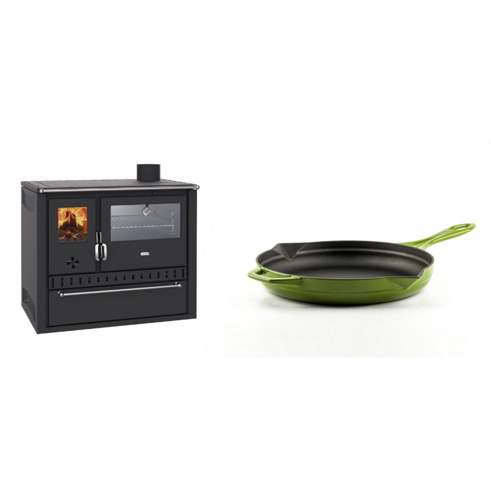 Set Küchenofen / Küchenhexe Wasserführend Prity GT W10, mit Edelstahl-Backofen, Stahlhobel und Schublade, 13.3 kW + Emaillierte Gusseisenpfanne Solagio, Bamboo, Ф24cm | Kaminofen - Holzofen mit Backfach | Kaminofen |