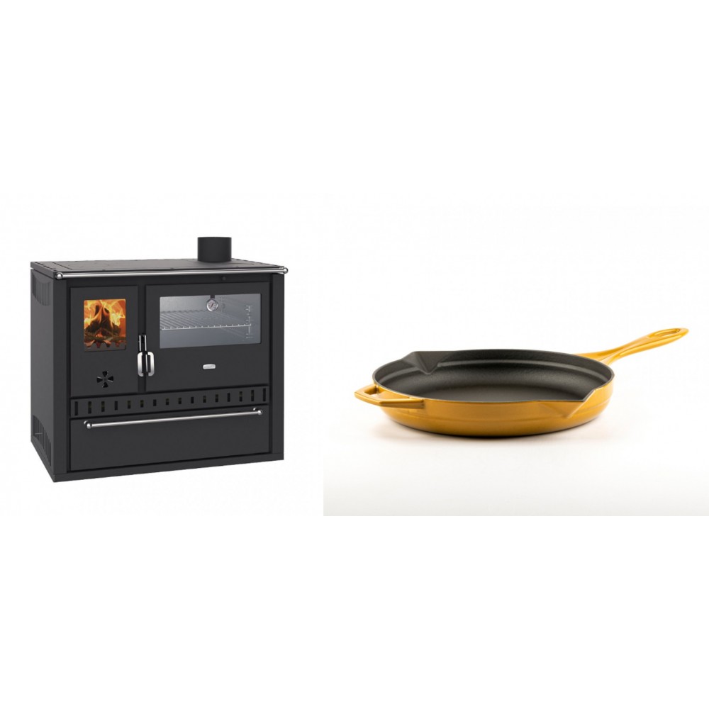 Set Küchenofen / Küchenhexe Wasserführend Prity GT W10, mit Edelstahl-Backofen, Stahlhobel und Schublade, 13.3 kW + Emaillierte Gusseisenpfanne Solagio, Dijon, Ф24cm | Kaminofen - Holzofen mit Backfach | Kaminofen |