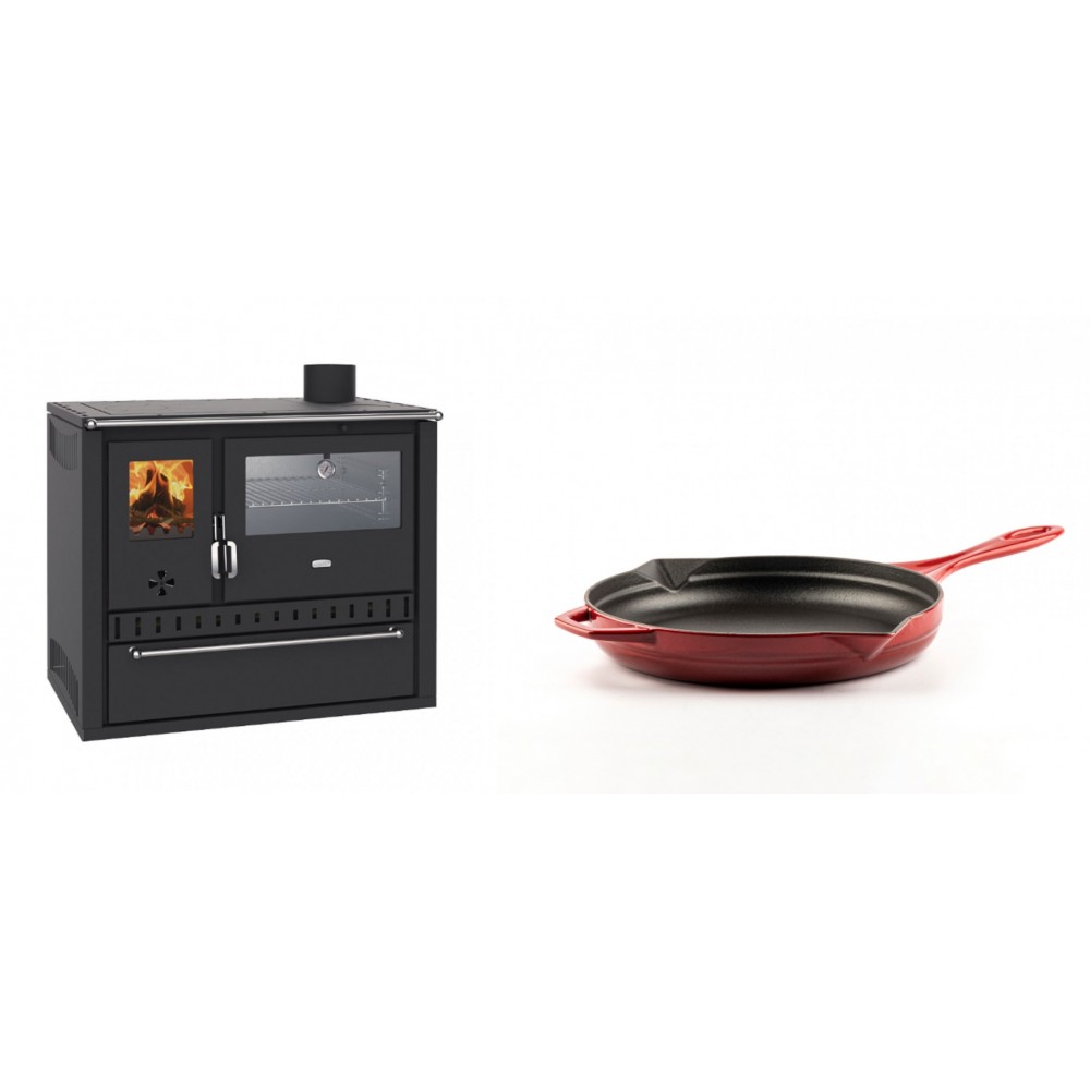 Set Küchenofen / Küchenhexe Wasserführend Prity GT W10, mit Edelstahl-Backofen, Stahlhobel und Schublade, 13.3 kW + Emaillierte Gusseisenpfanne Solagio, Rubin, Ф24cm