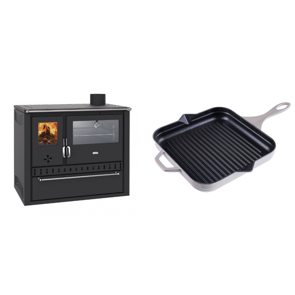 Set Küchenofen / Küchenhexe Wasserführend Prity GT W10, mit Edelstahl-Backofen, Stahlhobel und Schublade, 13.3 kW + Emaillierte grillpfanne Gusseisen Solagio, Ivory, 28x28cm | Kaminofen - Holzofen mit Backfach | Kaminofen |