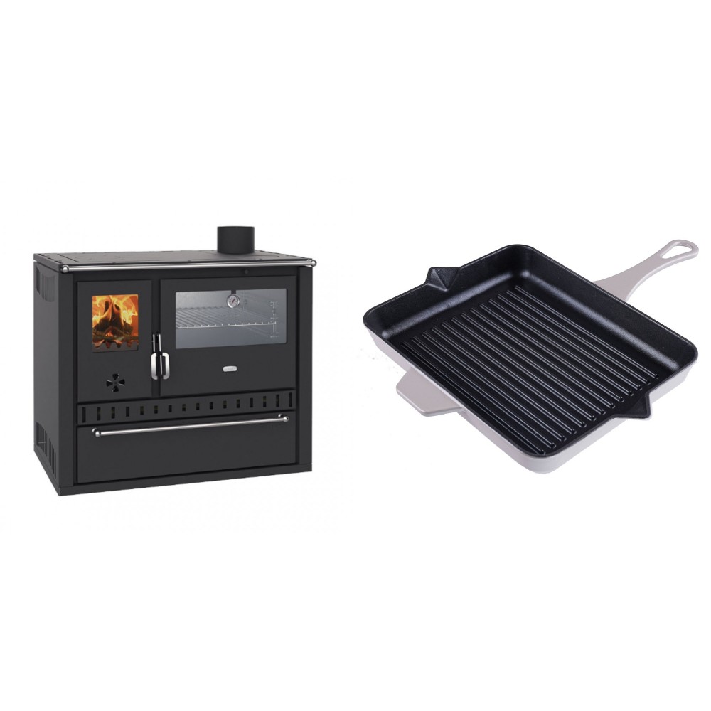 Set Küchenofen / Küchenhexe Wasserführend Prity GT W10, mit Edelstahl-Backofen, Stahlhobel und Schublade, 13.3 kW + Emaillierte grillpfanne Gusseisen Solagio, Ivory, 26x32cm