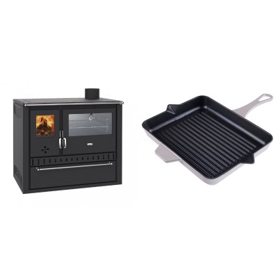 Set Küchenofen / Küchenhexe Wasserführend Prity GT W10, mit Edelstahl-Backofen, Stahlhobel und Schublade, 13.3 kW + Emaillierte grillpfanne Gusseisen Solagio, Ivory, 26x32cm - Kaminofen - Holzofen mit Backfach