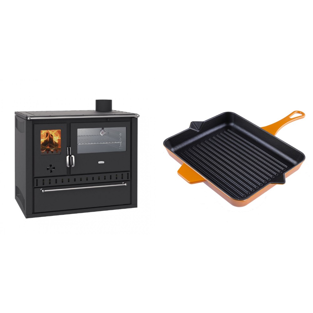 Set Küchenofen / Küchenhexe Wasserführend Prity GT W10, mit Edelstahl-Backofen, Stahlhobel und Schublade, 13.3 kW + Emaillierte grillpfanne Gusseisen Solagio, Dijon, 26x32cm | Kaminofen - Holzofen mit Backfach | Kaminofen |
