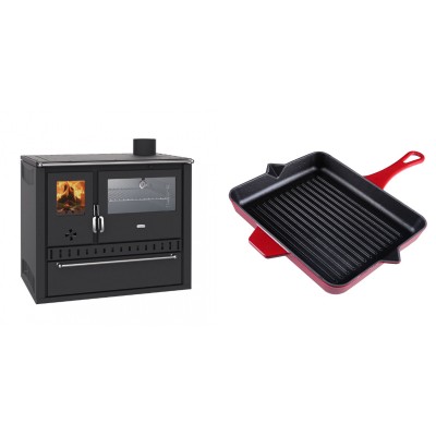 Set Küchenofen / Küchenhexe Wasserführend Prity GT W10, mit Edelstahl-Backofen, Stahlhobel und Schublade, 13.3 kW + Emaillierte grillpfanne Gusseisen Solagio, Rubin, 26x32cm - Kaminofen - Holzofen mit Backfach