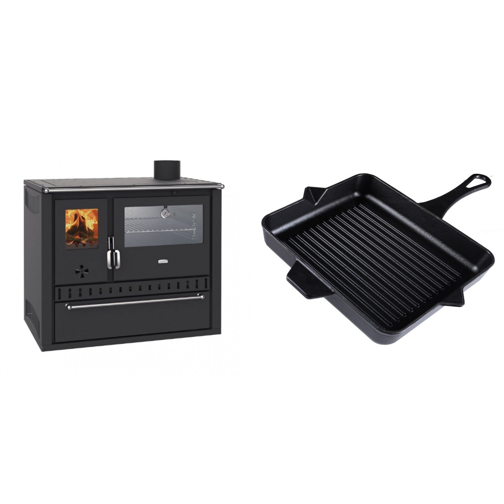 Set Küchenofen / Küchenhexe Wasserführend Prity GT W10, mit Edelstahl-Backofen, Stahlhobel und Schublade, 13.3 kW + Emaillierte grillpfanne Gusseisen Solagio, Black Onyx, 26x32cm