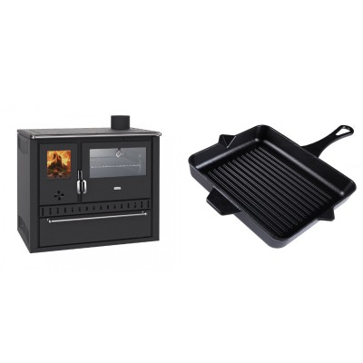 Set Küchenofen / Küchenhexe Wasserführend Prity GT W10, mit Edelstahl-Backofen, Stahlhobel und Schublade, 13.3 kW + Emaillierte grillpfanne Gusseisen Solagio, Black Onyx, 26x32cm - Kaminofen - Holzofen mit Backfach