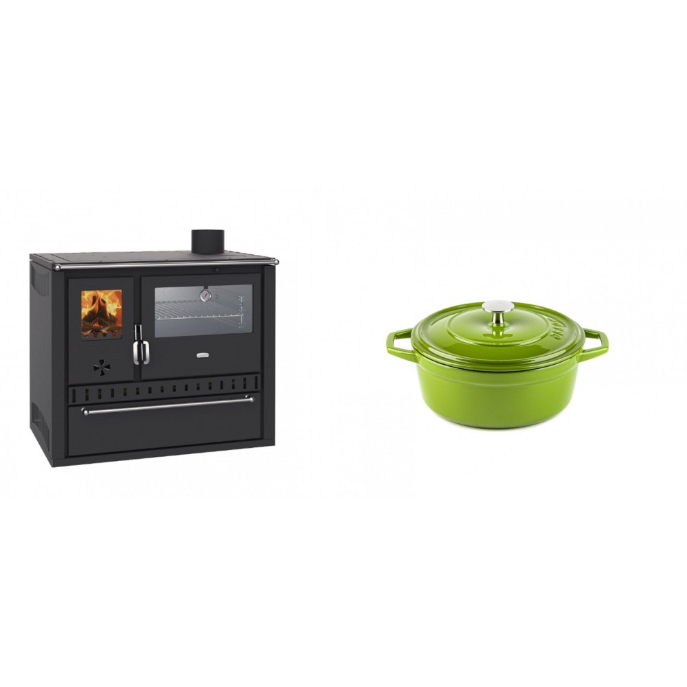 Set Küchenofen / Küchenhexe Wasserführend Prity GT W10, mit Edelstahl-Backofen, Stahlhobel und Schublade, 13.3 kW + Gusseisen Topf Tiefer Solagio, Bamboo, Ф12