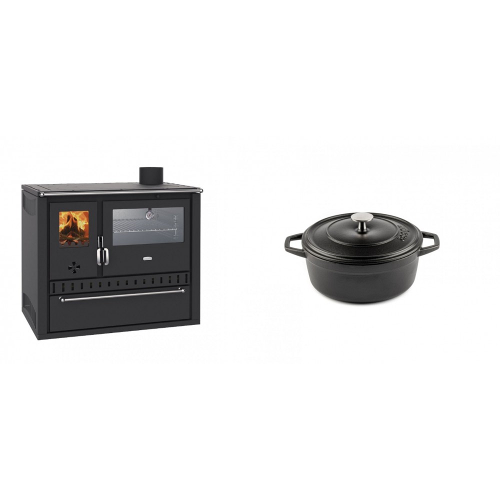 Set Küchenofen / Küchenhexe Wasserführend Prity GT W10, mit Edelstahl-Backofen, Stahlhobel und Schublade, 13.3 kW + Gusseisen Topf Tiefer Solagio, Black Onyx, Ф12 | Kaminofen - Holzofen mit Backfach | Kaminofen |