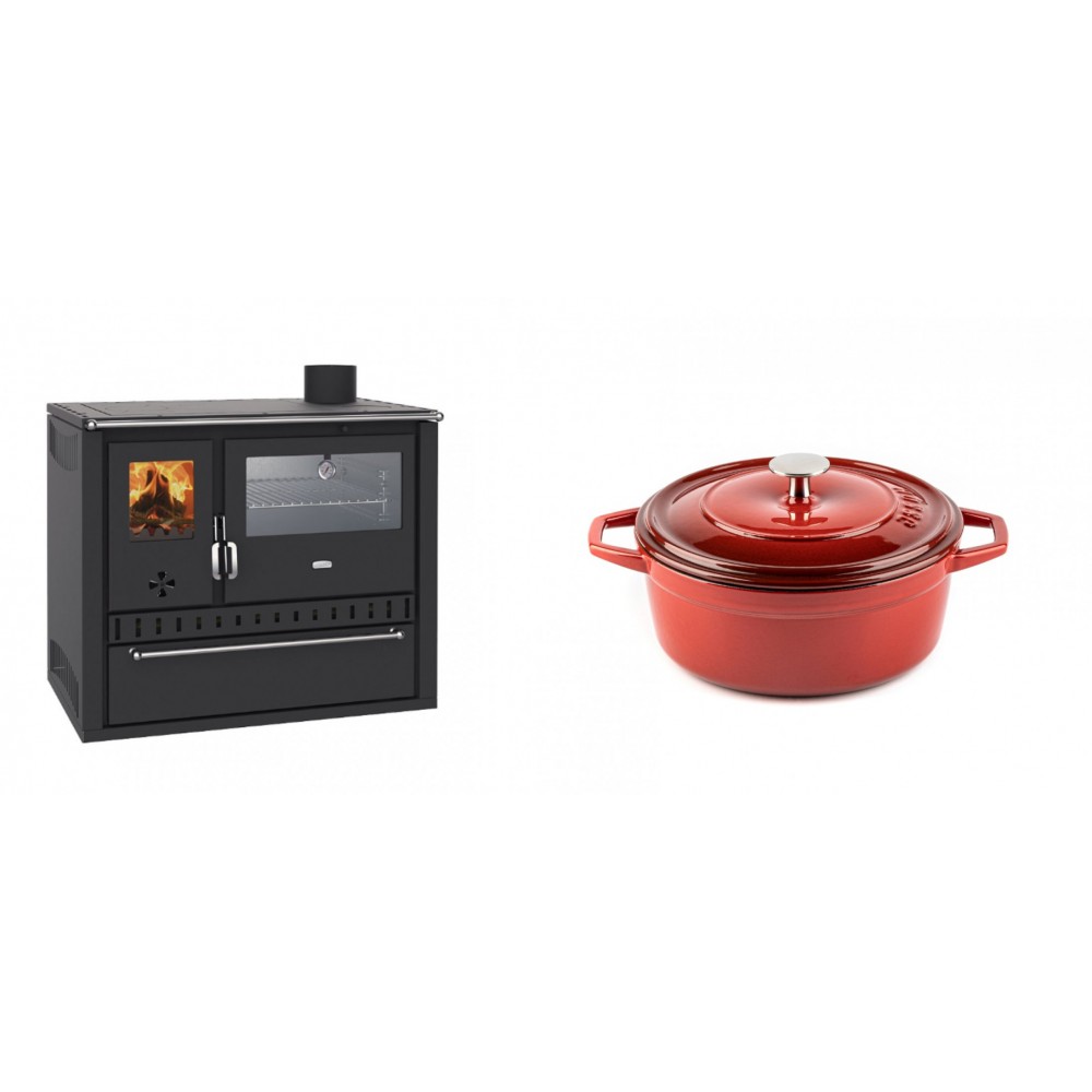 Set Küchenofen / Küchenhexe Wasserführend Prity GT W10, mit Edelstahl-Backofen, Stahlhobel und Schublade, 13.3 kW + Gusseisen Topf Tiefer Solagio, Rubin, Ф20 | Kaminofen - Holzofen mit Backfach | Kaminofen |
