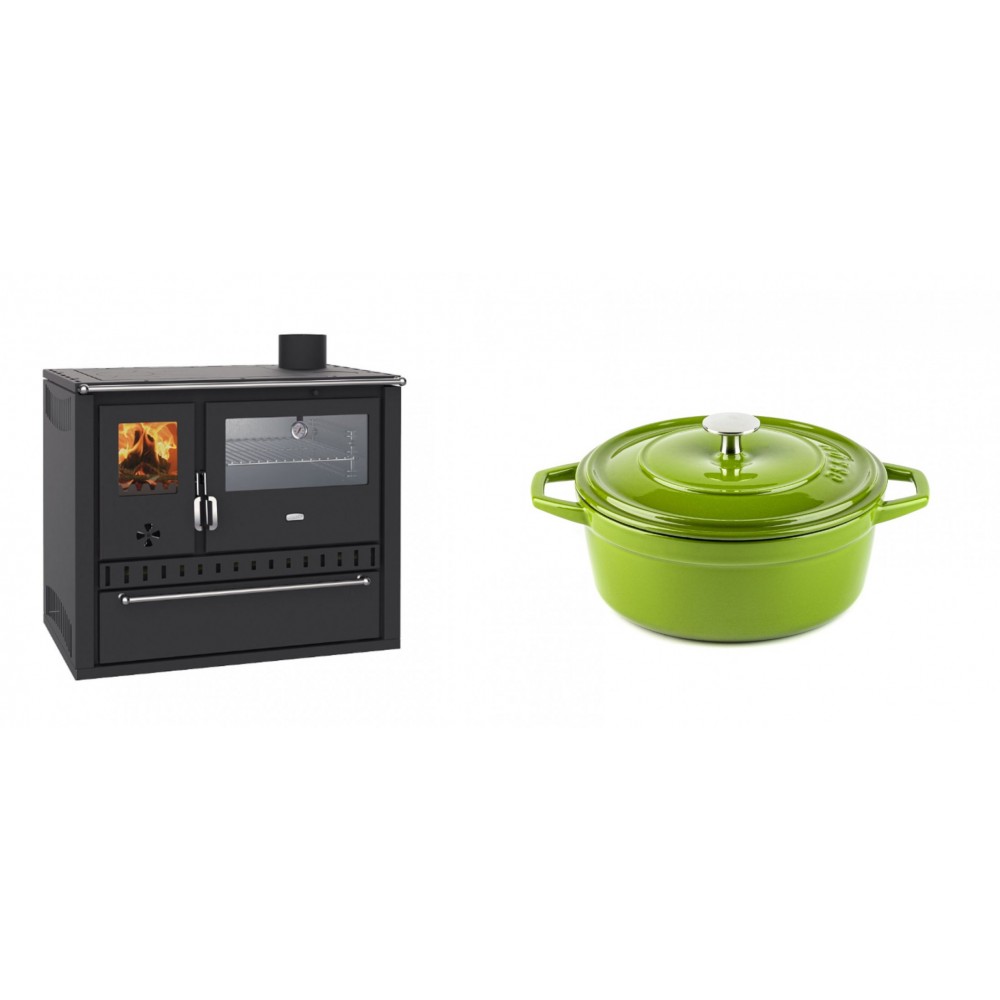 Set Küchenofen / Küchenhexe Wasserführend Prity GT W10, mit Edelstahl-Backofen, Stahlhobel und Schublade, 13.3 kW + Gusseisen Topf Tiefer Solagio, Bamboo, Ф20 | Kaminofen - Holzofen mit Backfach | Kaminofen |