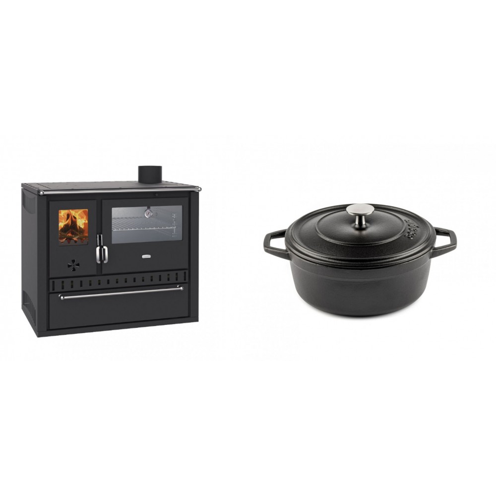 Set Küchenofen / Küchenhexe Wasserführend Prity GT W10, mit Edelstahl-Backofen, Stahlhobel und Schublade, 13.3 kW + Gusseisen Topf Tiefer Solagio, Black Onyx, Ф20