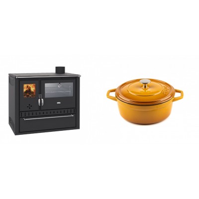 Set Küchenofen / Küchenhexe Wasserführend Prity GT W10, mit Edelstahl-Backofen, Stahlhobel und Schublade, 13.3 kW + Gusseisen Topf Tiefer Solagio, Dijon, Ф20 - Kaminofen - Holzofen mit Backfach