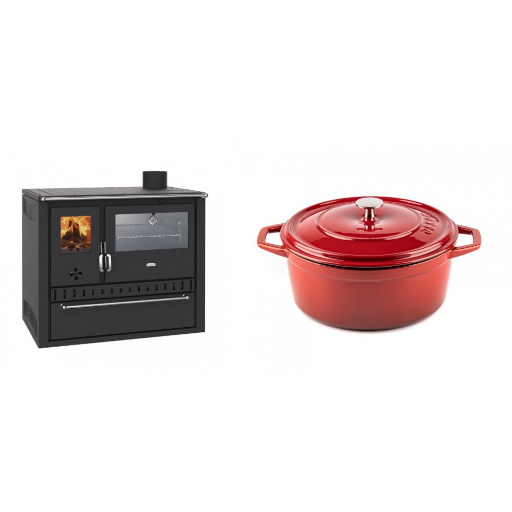 Set Küchenofen / Küchenhexe Wasserführend Prity GT W10, mit Edelstahl-Backofen, Stahlhobel und Schublade, 13.3 kW + Gusseisen Topf Tiefer Solagio, Rubin, Ф24 | Kaminofen - Holzofen mit Backfach | Kaminofen |