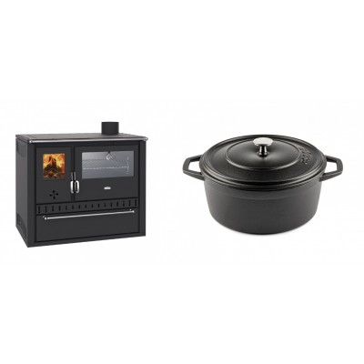 Set Küchenofen / Küchenhexe Wasserführend Prity GT W10, mit Edelstahl-Backofen, Stahlhobel und Schublade, 13.3 kW + Gusseisen Topf Tiefer Solagio, Black Onyx, Ф24 - Kaminofen - Holzofen mit Backfach