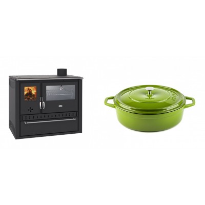 Set Küchenofen / Küchenhexe Wasserführend Prity GT W10, mit Edelstahl-Backofen, Stahlhobel und Schublade, 13.3 kW + Gusseisen Topf Flach Solagio, Bamboo, Ф26 - Kaminofen - Holzofen mit Backfach