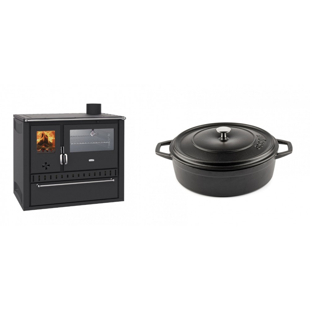 Set Küchenofen / Küchenhexe Wasserführend Prity GT W10, mit Edelstahl-Backofen, Stahlhobel und Schublade, 13.3 kW + Gusseisen Topf Flach Solagio, Black Onyx, Ф26 | Kaminofen - Holzofen mit Backfach | Kaminofen |