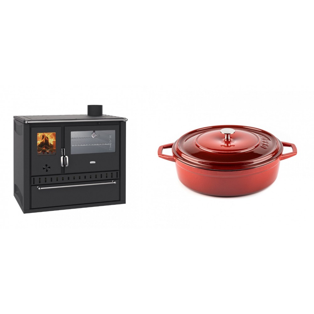 Set Küchenofen / Küchenhexe Wasserführend Prity GT W10, mit Edelstahl-Backofen, Stahlhobel und Schublade, 13.3 kW + Gusseisen Topf Flach Solagio, Rubin, Ф26