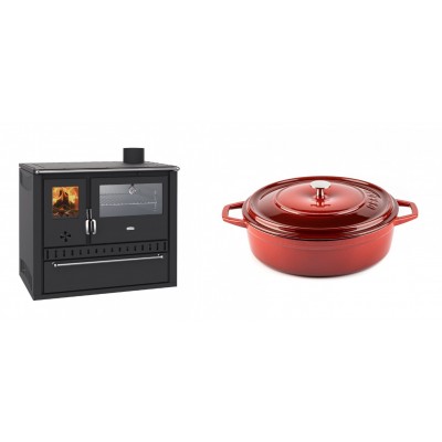 Set Küchenofen / Küchenhexe Wasserführend Prity GT W10, mit Edelstahl-Backofen, Stahlhobel und Schublade, 13.3 kW + Gusseisen Topf Flach Solagio, Rubin, Ф26 - Kaminofen - Holzofen mit Backfach