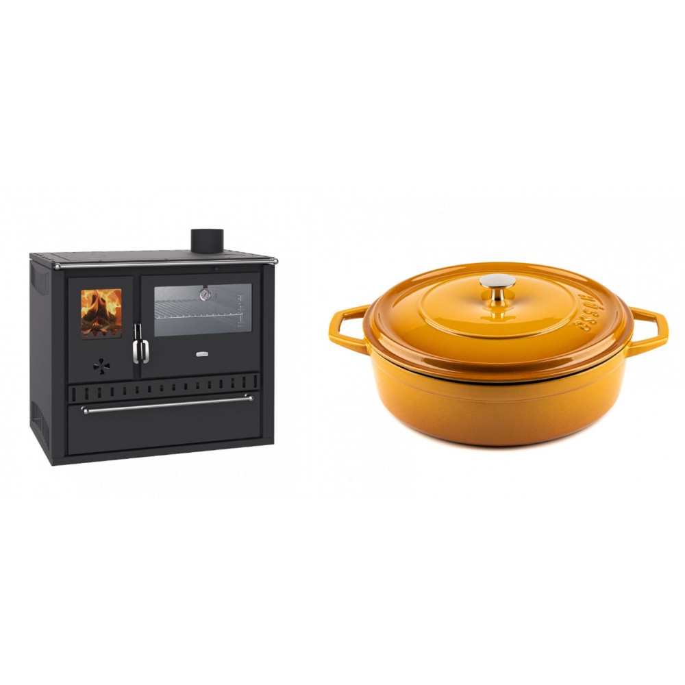 Set Küchenofen / Küchenhexe Wasserführend Prity GT W10, mit Edelstahl-Backofen, Stahlhobel und Schublade, 13.3 kW + Gusseisen Topf Flach Solagio, Dijon, Ф28 | Kaminofen - Holzofen mit Backfach | Kaminofen |