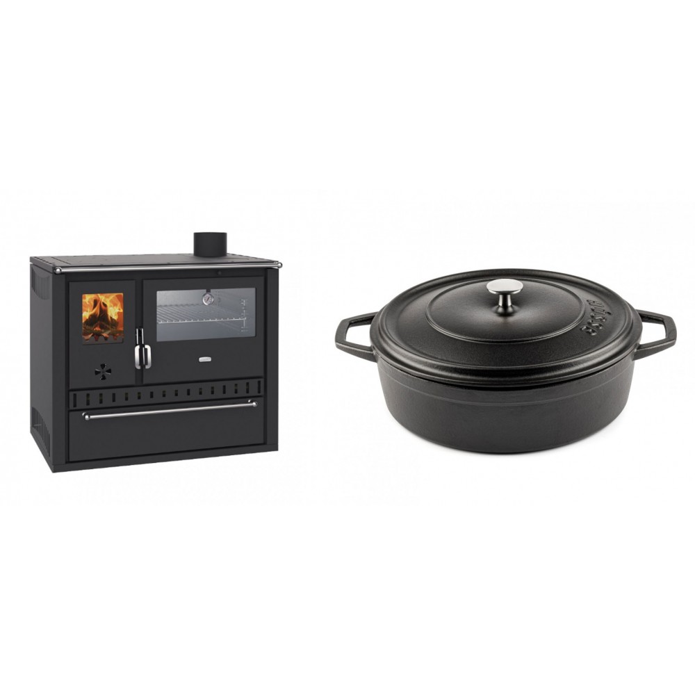 Set Küchenofen / Küchenhexe Wasserführend Prity GT W10, mit Edelstahl-Backofen, Stahlhobel und Schublade, 13.3 kW + Gusseisen Topf Flach Solagio, Black Onyx, Ф28 | Kaminofen - Holzofen mit Backfach | Kaminofen |