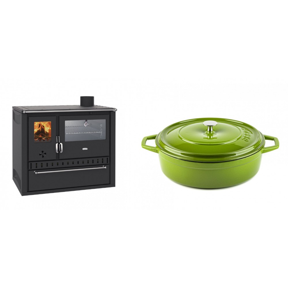 Set Küchenofen / Küchenhexe Wasserführend Prity GT W10, mit Edelstahl-Backofen, Stahlhobel und Schublade, 13.3 kW + Gusseisen Topf Flach Solagio, Bamboo, Ф28