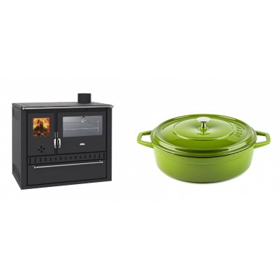Set Küchenofen / Küchenhexe Wasserführend Prity GT W10, mit Edelstahl-Backofen, Stahlhobel und Schublade, 13.3 kW + Gusseisen Topf Flach Solagio, Bamboo, Ф28 - Kaminofen - Holzofen mit Backfach