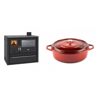 Set Küchenofen / Küchenhexe Wasserführend Prity GT W10, mit Edelstahl-Backofen, Stahlhobel und Schublade, 13.3 kW + Gusseisen Topf Flach Solagio, Rubin, Ф28 - Kaminofen - Holzofen mit Backfach