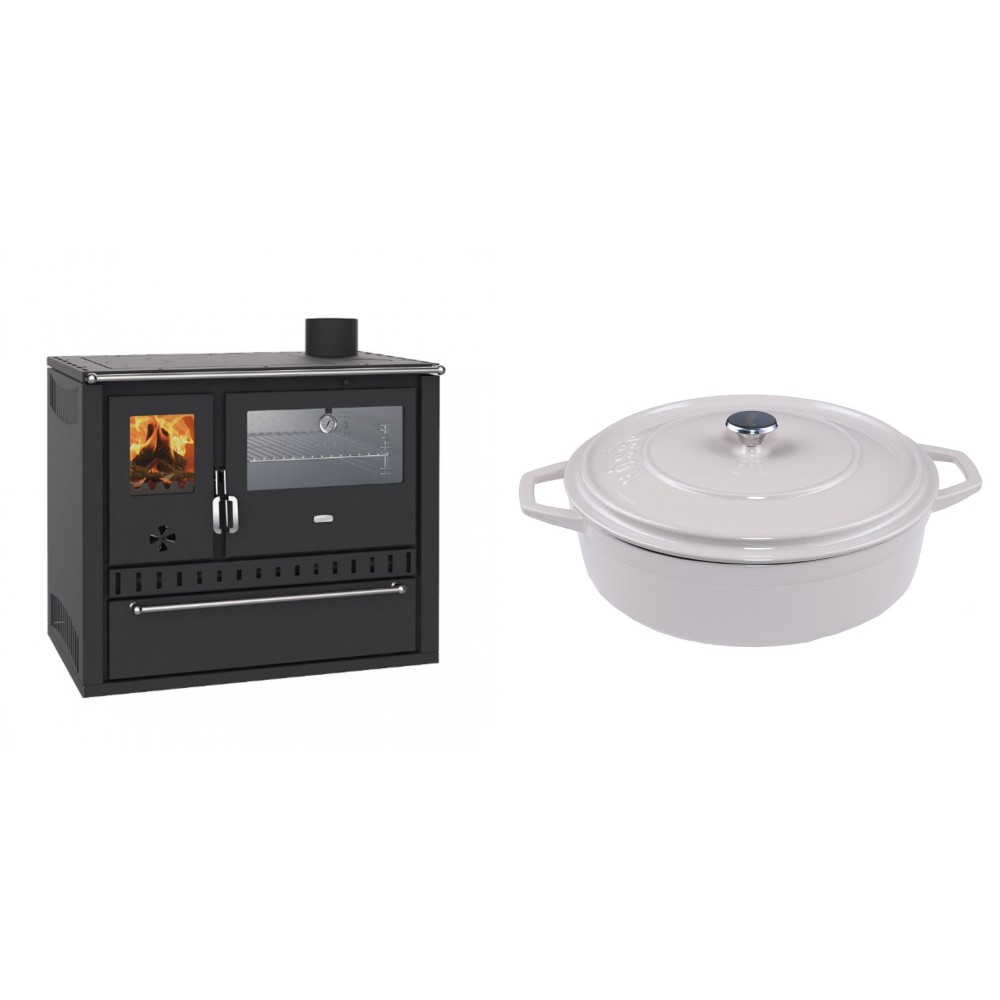 Set Küchenofen / Küchenhexe Wasserführend Prity GT W10, mit Edelstahl-Backofen, Stahlhobel und Schublade, 13.3 kW + Gusseisen Topf Flach Solagio, Ivory, Ф28