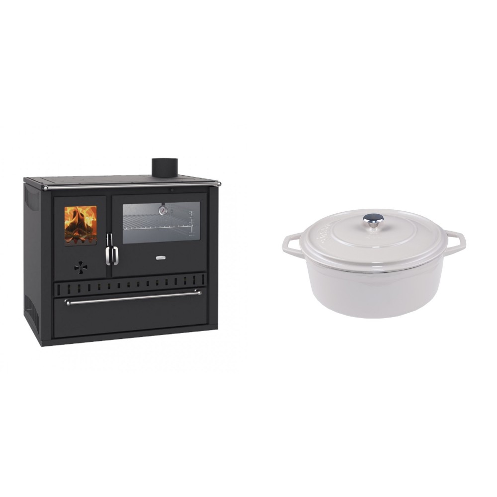 Set Küchenofen / Küchenhexe Wasserführend Prity GT W10, mit Edelstahl-Backofen, Stahlhobel und Schublade, 13.3 kW + Gusseisen Topf Tiefer Solagio, Ivory, Ф20 | Kaminofen - Holzofen mit Backfach | Kaminofen |