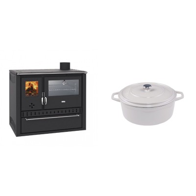 Set Küchenofen / Küchenhexe Wasserführend Prity GT W10, mit Edelstahl-Backofen, Stahlhobel und Schublade, 13.3 kW + Gusseisen Topf Tiefer Solagio, Ivory, Ф20 - Kaminofen - Holzofen mit Backfach