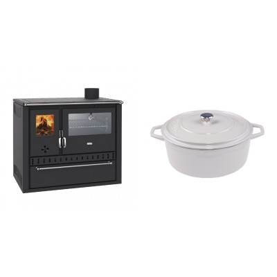 Set Küchenofen / Küchenhexe Wasserführend Prity GT W10, mit Edelstahl-Backofen, Stahlhobel und Schublade, 13.3 kW + Gusseisen Topf Tiefer Solagio, Ivory, Ф24 - Kaminofen - Holzofen mit Backfach