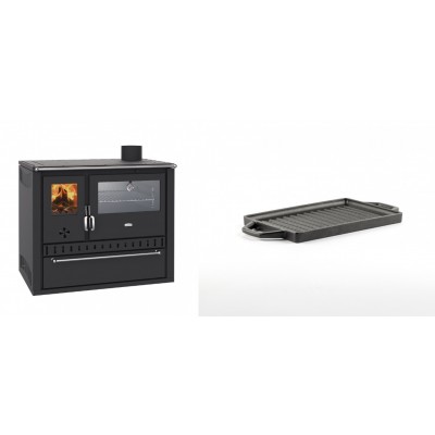 Set Küchenofen / Küchenhexe Wasserführend Prity GT W10, mit Edelstahl-Backofen, Stahlhobel und Schublade, 13.3 kW + Mini-Grillplatte aus Gusseisen Solagio, 15.5x22.5cm - Kaminofen - Holzofen mit Backfach