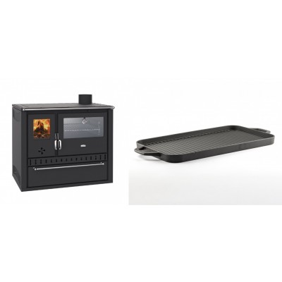 Set Küchenofen / Küchenhexe Wasserführend Prity GT W10, mit Edelstahl-Backofen, Stahlhobel und Schublade, 13.3 kW + Große Grillplatte aus Gusseisen Solagio, 25x44cm - Kaminofen - Holzofen mit Backfach